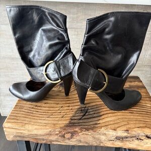 Naughty Monkey Black Women's Mid-Calf Heeled Boots with Buckle Accent